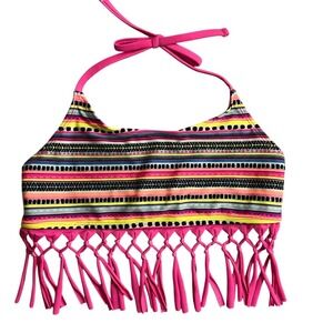Cat & Jack Striped Fringe Bikini Swim Top Girls Large Pink Colorful NWT
